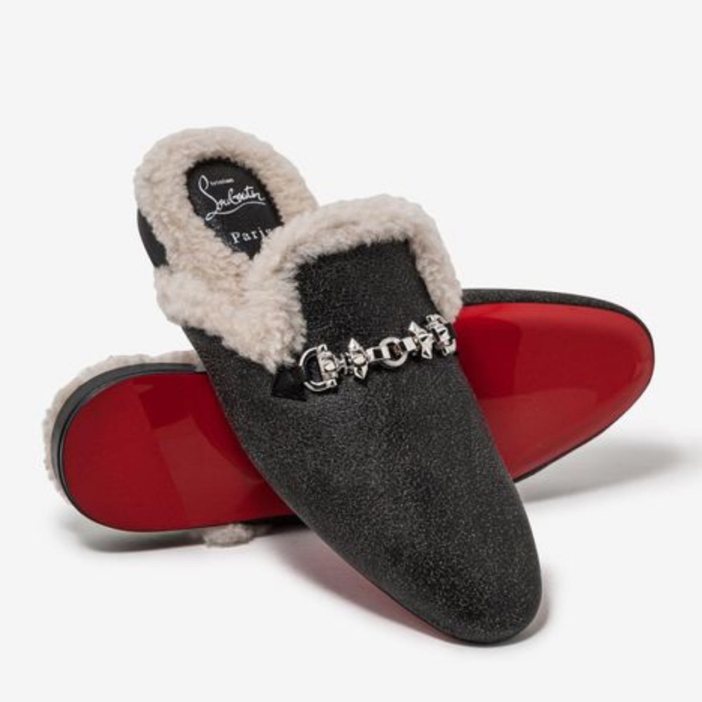 Christian Louboutin mens red bottom spike shearling leather loafer mules NWB